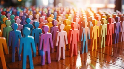 Fototapeta premium A vibrant assembly of colorful wooden figures stands in a row, symbolizing community and diversity in a lively setting.