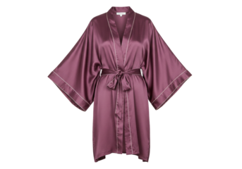 Isolated elegant silk bathrobe with a tie waist and white trim on a seamless backdrop