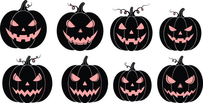 Jack-o'-lantern vector set, black pumpkins with glowing faces, spooky Halloween expressions, festive silhouette icons, eerie graphic, stock illustration - Powered by Adobe