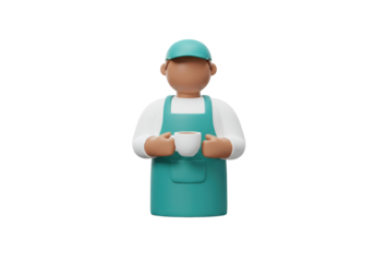 Isolated worker holds a cup of tea wearing a turquoise apron and cap, 3D rendering