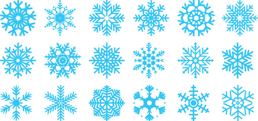Collection of diverse blue snowflake icons on a white background