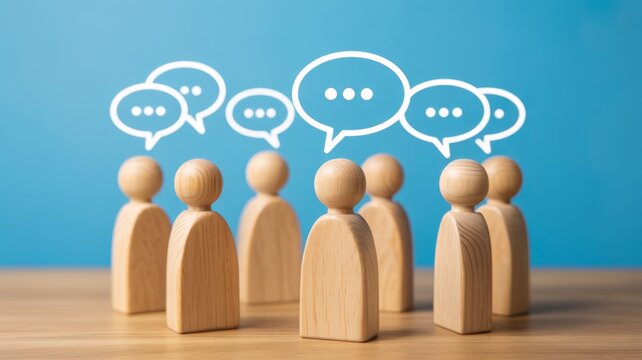 A group of wooden figurines surrounded by speech bubbles, symbolizing communication and conversation.