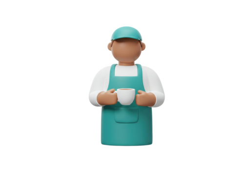 Isolated worker holds a cup of tea wearing a turquoise apron and cap, 3D rendering