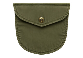 Isolated olive green fabric military pocket on white, old-fashioned uniform pouch garment