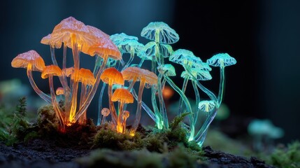 Glowing mushrooms in forest with bioluminescent light