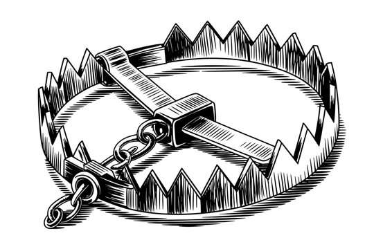 a metal bear trap with sharp teeth and chain, detailed engraving style showing danger and tension.