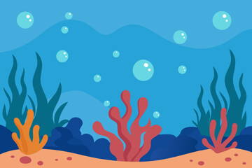 Obraz premium A cartoon underwater background with corals and bubbles vector illustration