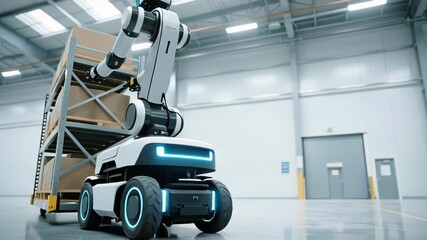 Autonomous warehouse robot mobile robotic arm handling pallet box smart factory logistics automation with indoor industrial technology, delivering - Powered by Adobe