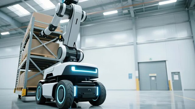 Autonomous warehouse robot mobile robotic arm handling pallet box smart factory logistics automation with indoor industrial technology, delivering