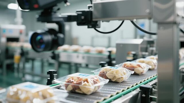 Quality control robot vision sensor industrial production packaging automated conveyor belt robotic camera inspection system food factory packaged