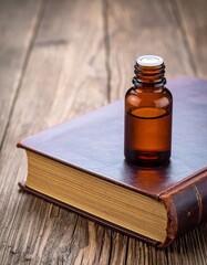 A brown bottle on a leather-bound book.