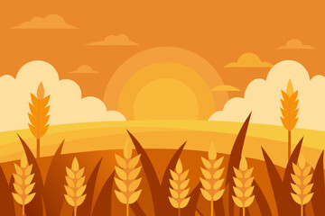 A simple cartoon of a wheat field in a golden sunset vector illustration