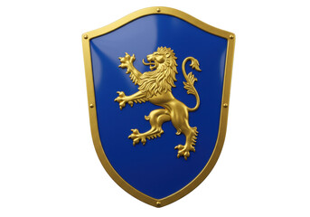 Isolated crest blue heraldic shield with golden lion rampant, medieval royal coat of arms sign