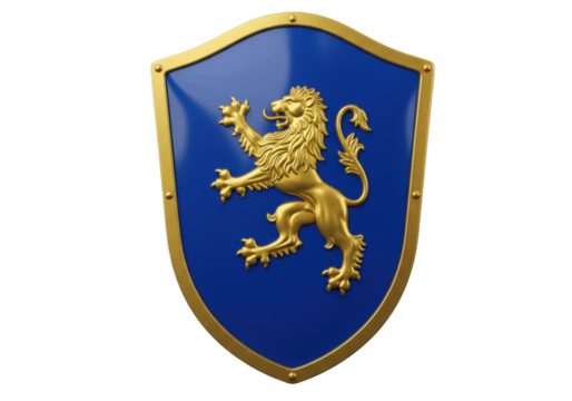Isolated crest blue heraldic shield with golden lion rampant, medieval royal coat of arms sign