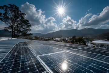 Solar Energy Panels on Rooftop Under Sunny Sky for Sustainable Power Generation