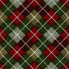 Festive holiday plaid fabric texture showcases a traditional seamless pattern in vibrant red, green, white, and gold colors for warmth and cheer.