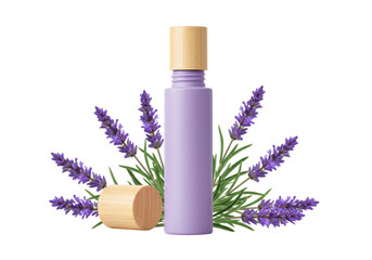 Isolated lavender cosmetic bottle with wood cap and lavender blossoms and leaves nearby