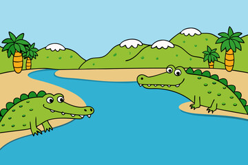 Fototapeta premium A vibrant cartoon illustration of crocodiles near a river vector illustration