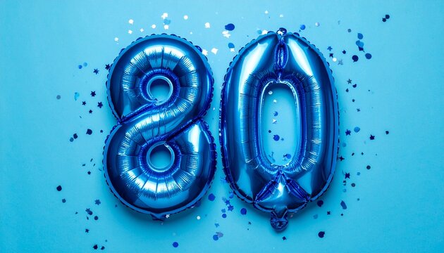 Blue balloon number 80 with confetti on solid colored background. Photo for anniversary or birthday party