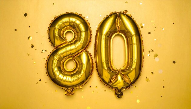Gold balloon number 80 with confetti on solid colored background. Photo for anniversary or birthday party