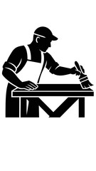 One person is sitting on a chair at a desk in an office with a laptop, a business person working or reading