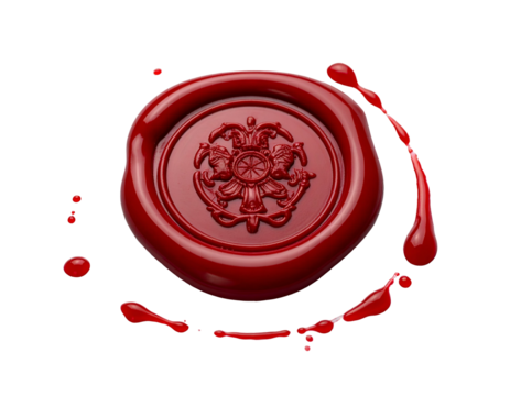 A glossy, red wax seal, intricately detailed with a floral emblem, drips on black