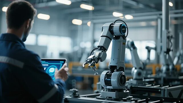 Robotic arm precision assembly in smart factory with industrial automation as engineer uses tablet and AI interface for modern manufacturing