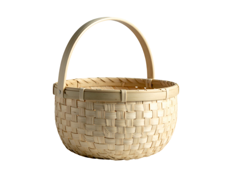 Round, woven basket with a curved handle, lit from above, isolated on black