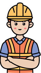 A cartoon construction worker or builder boy in a safety helmet and uniform is an engineer person on a white background