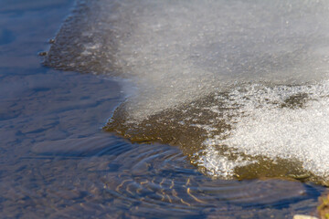 Melting ice on a calm river surface during the transition from winter to spring in a natural landscape