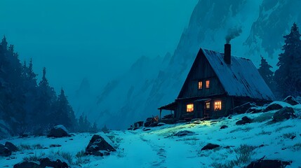A cabin nestled in a snowy landscape with mountains and trees under a blue night sky artwork