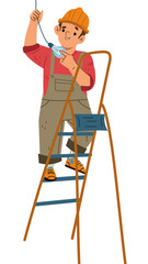 Young boy painter on a ladder with a brush, painting a wall