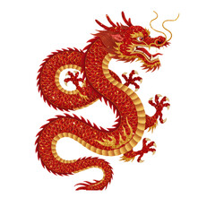 Fototapeta premium A majestic traditional Chinese dragon with scarlet and crimson glitter texture, golden scales, and flame patterns in a dynamic pose, isolated on a transparent background with copy space, Chinese New