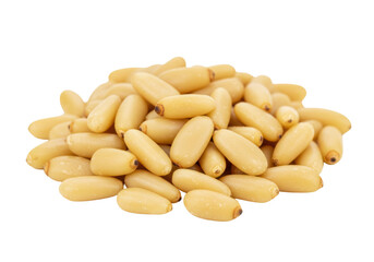 Isolated pile of fresh, raw, peeled pine nuts ready for cooking, eating, or snacking