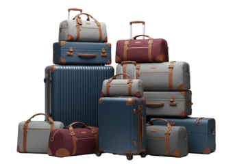 Modern hardshell suitcases, soft travel bags in blues, grays, burgundy, with refined accents, neatly stacked on transparent studio background, concept for travel advertising