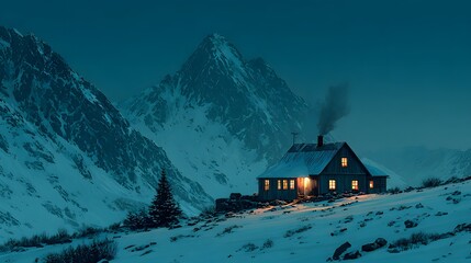A cabin glows warmly against a backdrop of snow covered mountains at twilight in winter