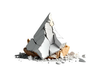 A cracked triangular structure with scattered pieces, set against a black backdrop