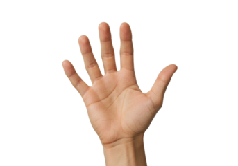Isolated human hand showing five fingers gesturing, offering a high five, or stopping someone