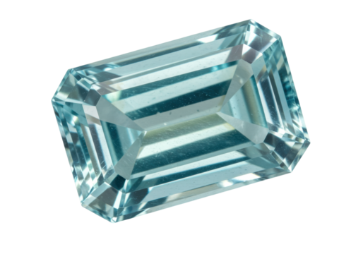 Isolated light blue emerald cut gemstone, aquamarine, fine quality, precious mineral stone