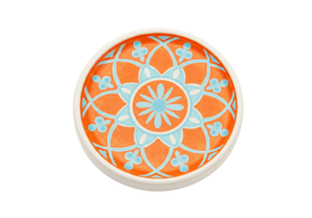Isolated ceramic drawer pull with orange and blue floral design, decorative kitchen knob
