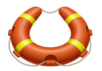 Isolated life preserver with rope on a neutral surface; water safety, lifeguard icon
