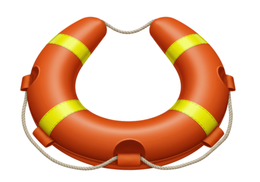Isolated life preserver with rope on a neutral surface; water safety, lifeguard icon