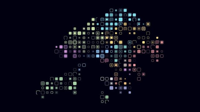Hong Kong map animation. Shape of the country with pulsating colored dots. Large size rounded square blocks. Digital style Hong Kong map on dark background. Artistic video.