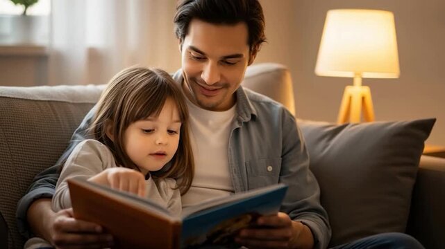 Father and Daughter Share a Cozy Story Time on the Couch.