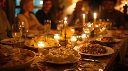Traditional Polish family dinner scene, pierogi as centerpiece, festive table setting, warm candlelight ambiance, multiple generations celebrating