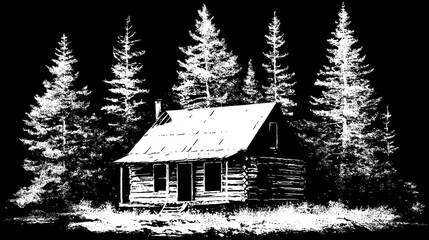 Cabin in the Woods, A simple graphic silhouette of a small log cabin surrounded by pine tree silhouettes on a black background. White shapes for the cabin and trees, Minimalistic design.