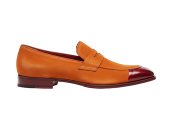 Isolated men's leather penny loafer, two-tone, with burgundy toe and brown body on a light surface