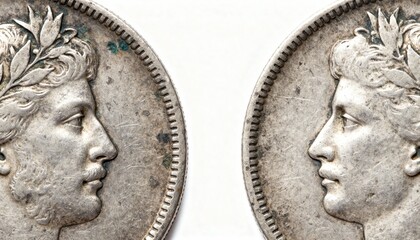 Obraz premium Detailed close-up of two ancient metal coins with classical profile depictions