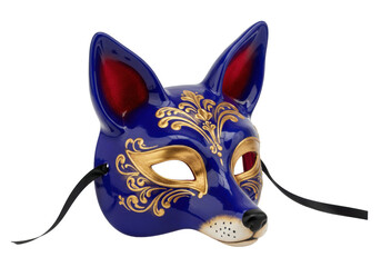 Isolated decorative blue fox mask featuring golden ornamentation, and black ribbon ties