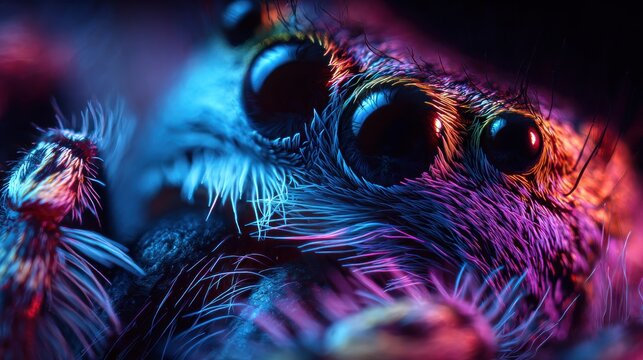 Macro shot reveals the captivating gaze of a spider illuminated by vibrant, neon-like colors